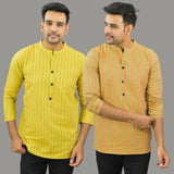 Combo of 2 Men Cotton Stripe Short Kurta Olive Green and Yellow