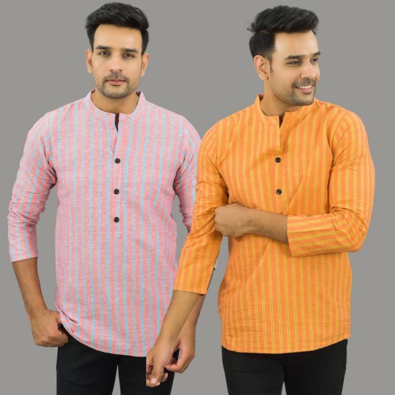 Combo of 2 Men Cotton Stripe Short Kurta Orange and Pink