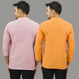 Combo of 2 Men Cotton Stripe Short Kurta Orange and Pink