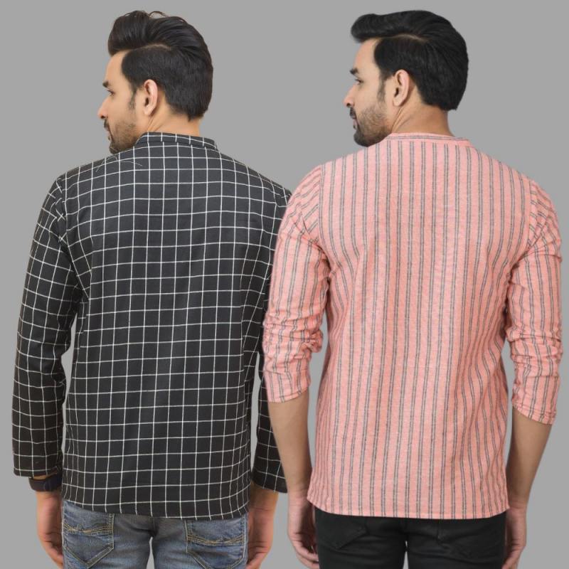 Combo of 2 Men Cotton Stripe Short Kurta Pink and Black