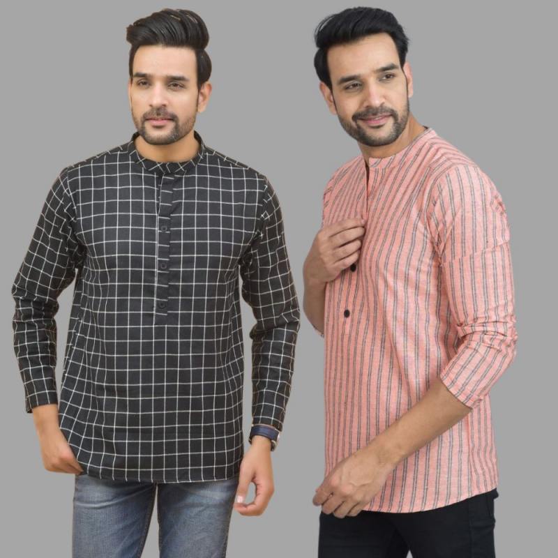 Combo of 2 Men Cotton Stripe Short Kurta Pink and Black