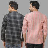 Combo of 2 Men Cotton Stripe Short Kurta Pink and Black