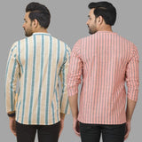 Combo of 2 Men Cotton Stripe Short Kurta Pink and Green