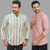 Combo of 2 Men Cotton Stripe Short Kurta Pink and Green