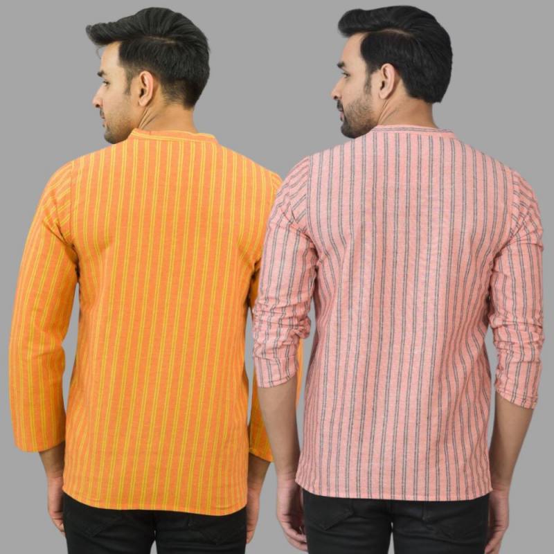 Combo of 2 Men Cotton Stripe Short Kurta Pink and Orange