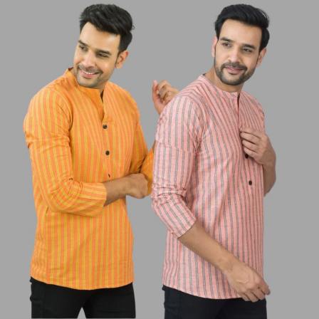 Combo of 2 Men Cotton Stripe Short Kurta Pink and Orange
