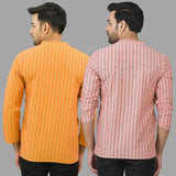 Combo of 2 Men Cotton Stripe Short Kurta Pink and Orange