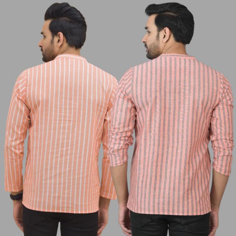 Combo of 2 Men Cotton Stripe Short Kurta Pink and Peach