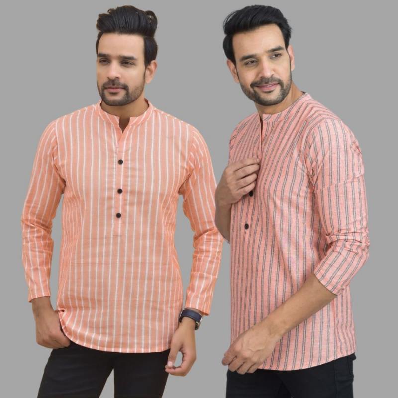 Combo of 2 Men Cotton Stripe Short Kurta Pink and Peach