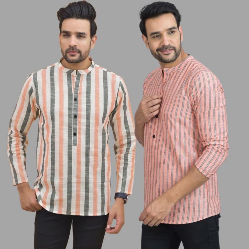 Combo of 2 Men Cotton Stripe Short Kurta Pink and Peach