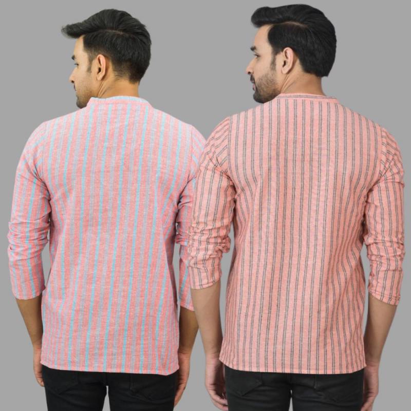 Combo of 2 Men Cotton Stripe Short Kurta Pink and Pink