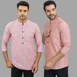 Combo of 2 Men Cotton Stripe Short Kurta Pink and Pink
