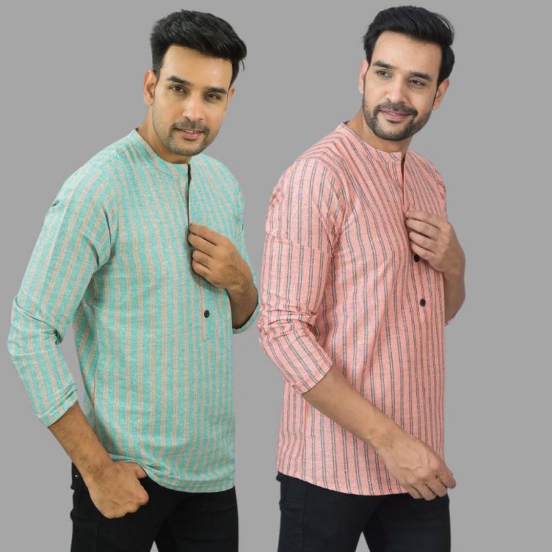 Combo of 2 Men Cotton Stripe Short Kurta