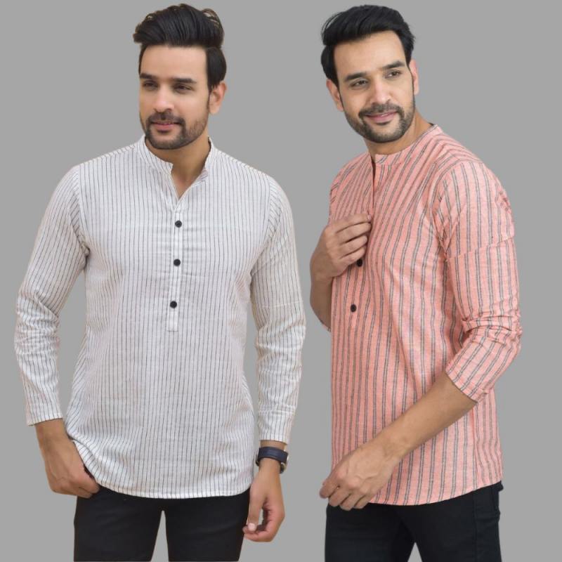 Combo of 2 Men Cotton Stripe Short Kurta Pink and White