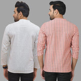 Combo of 2 Men Cotton Stripe Short Kurta Pink and White