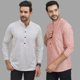 Combo of 2 Men Cotton Stripe Short Kurta Pink and White