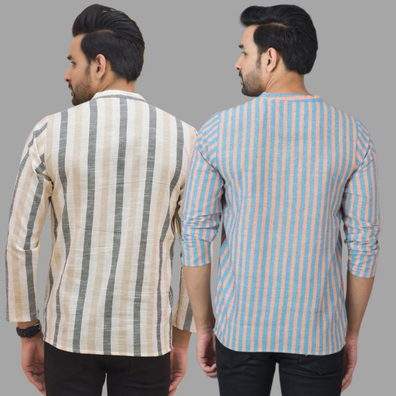 Combo of 2 Men Cotton Stripe Short Kurta Sky Blue and Beige