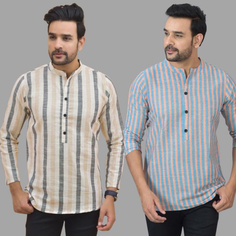 Combo of 2 Men Cotton Stripe Short Kurta Sky Blue and Beige