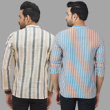 Combo of 2 Men Cotton Stripe Short Kurta Sky Blue and Beige