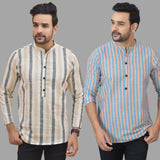 Combo of 2 Men Cotton Stripe Short Kurta Sky Blue and Beige