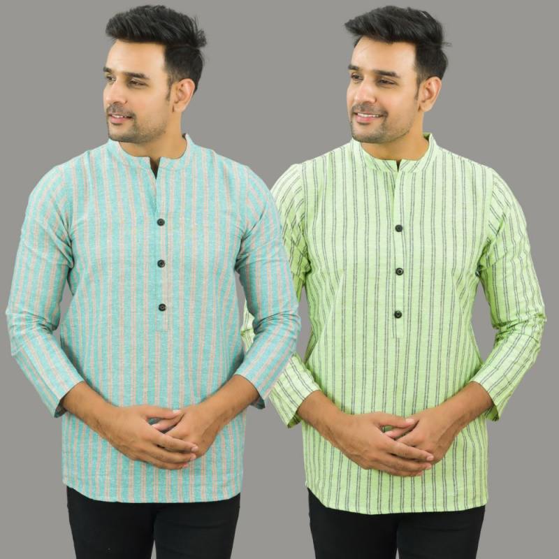 Combo of 2 Men Cotton Stripe Short Kurta Sky Blue and Mint Green