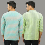 Combo of 2 Men Cotton Stripe Short Kurta Sky Blue and Mint Green