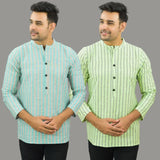 Combo of 2 Men Cotton Stripe Short Kurta Sky Blue and Mint Green