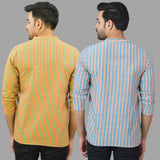 Combo of 2 Men Cotton Stripe Short Kurta Sky Blue and Olive Green