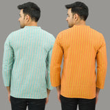 Combo of 2 Men Cotton Stripe Short Kurta Sky Blue and Orange