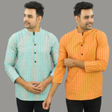 Combo of 2 Men Cotton Stripe Short Kurta Sky Blue and Orange