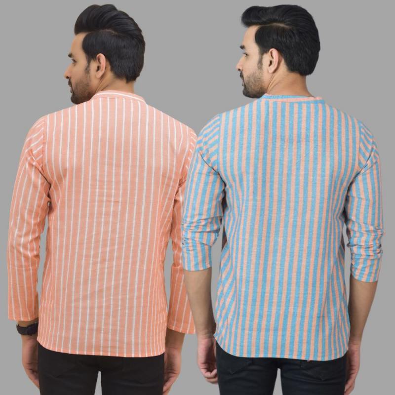 Combo of 2 Men Cotton Stripe Short Kurta Sky Blue and Peach