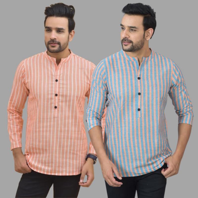 Combo of 2 Men Cotton Stripe Short Kurta Sky Blue and Peach