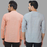 Combo of 2 Men Cotton Stripe Short Kurta Sky Blue and Peach
