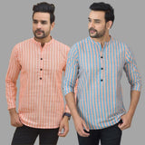 Combo of 2 Men Cotton Stripe Short Kurta Sky Blue and Peach