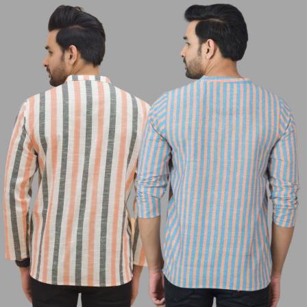 Combo of 2 Men Cotton Stripe Short Kurta