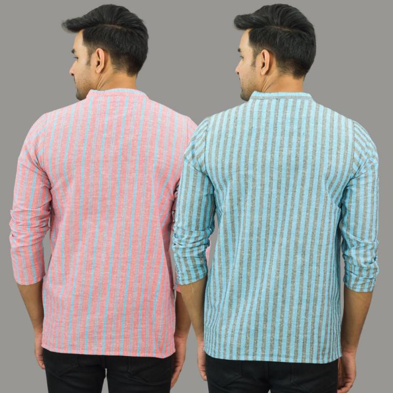 Combo of 2 Men Cotton Stripe Short Kurta Sky Blue and Pink