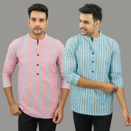 Combo of 2 Men Cotton Stripe Short Kurta Sky Blue and Pink