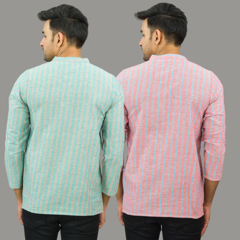 Combo of 2 Men Cotton Stripe Short Kurta Sky Blue and Pink