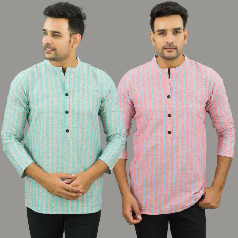 Combo of 2 Men Cotton Stripe Short Kurta Sky Blue and Pink