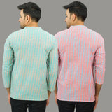 Combo of 2 Men Cotton Stripe Short Kurta Sky Blue and Pink