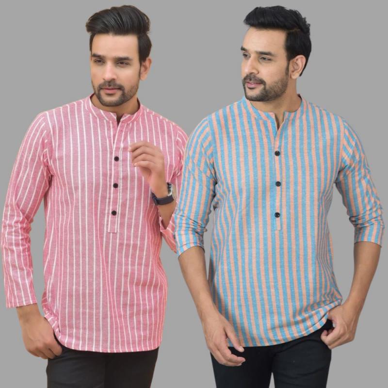 Combo of 2 Men Cotton Stripe Short Kurta