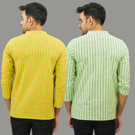 Combo of 2 Men Cotton Stripe Short Kurta Yellow and Mint Green