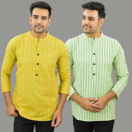 Combo of 2 Men Cotton Stripe Short Kurta Yellow and Mint Green