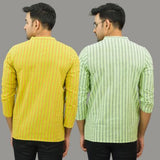 Combo of 2 Men Cotton Stripe Short Kurta Yellow and Mint Green