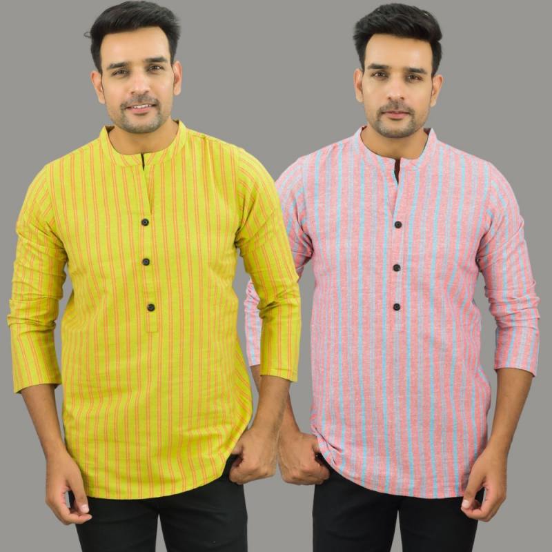 Combo of 2 Men Cotton Stripe Short Kurta Yellow and Pink