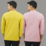 Combo of 2 Men Cotton Stripe Short Kurta Yellow and Pink