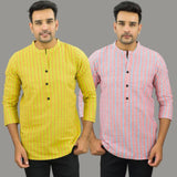 Combo of 2 Men Cotton Stripe Short Kurta Yellow and Pink