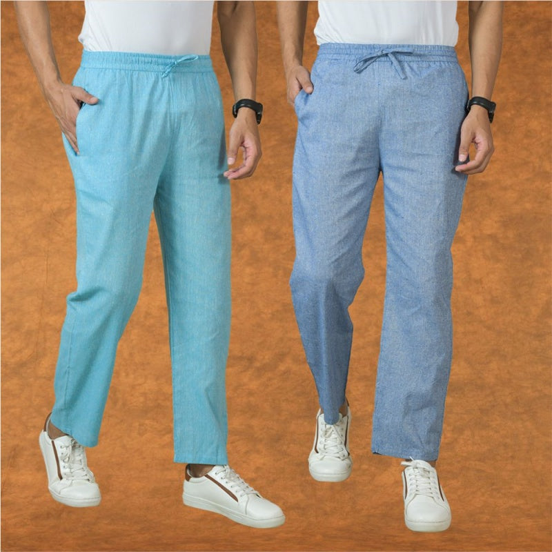 Combo of 2 Men Denim Sky Blue Cotton Handloom Solid Pant