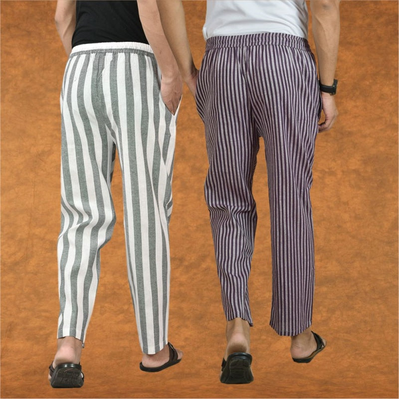 Combo of 2 Men Gray Purple Cotton Handloom Stripe Pant-15106