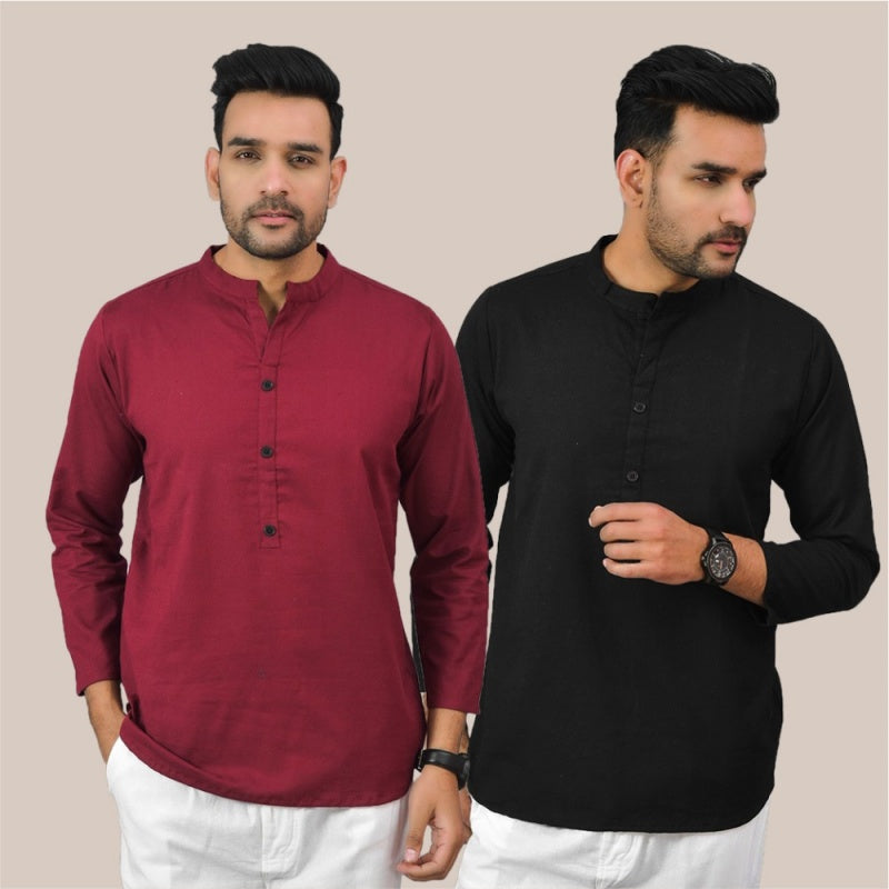 Combo of 2 Men Kurtas Solid Cotton Flax mahroon black